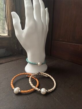 Braided leather Pearl Accent Bracelet - Teal, Orange & Cream - Women Jewelry